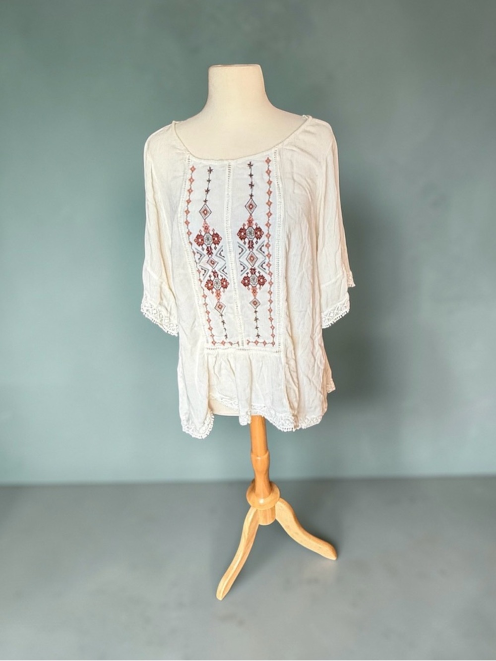 Retro Knox Rose Boho Embroidered Tunic Lace Trim, XXL